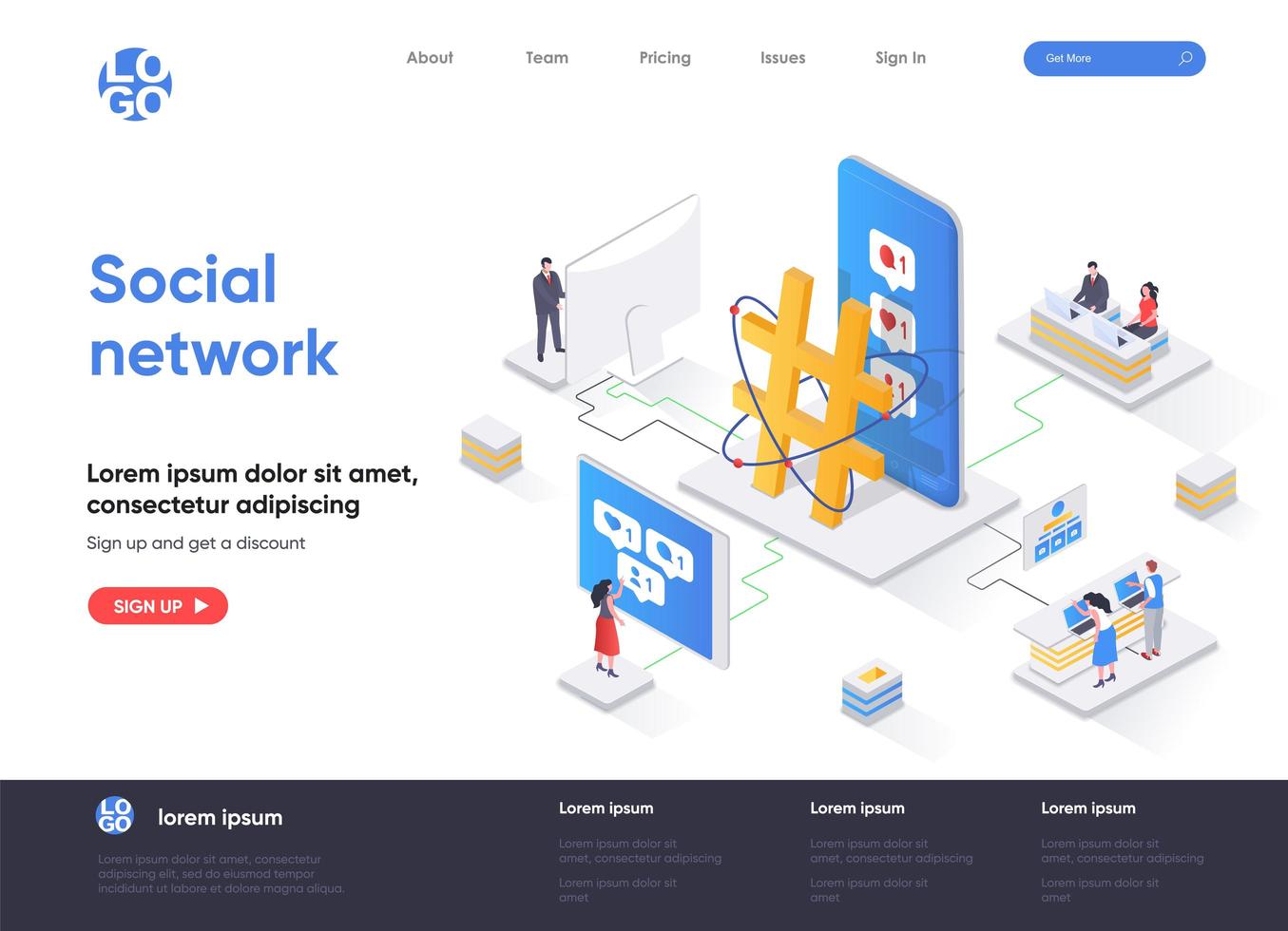 Social network isometric landing page vector