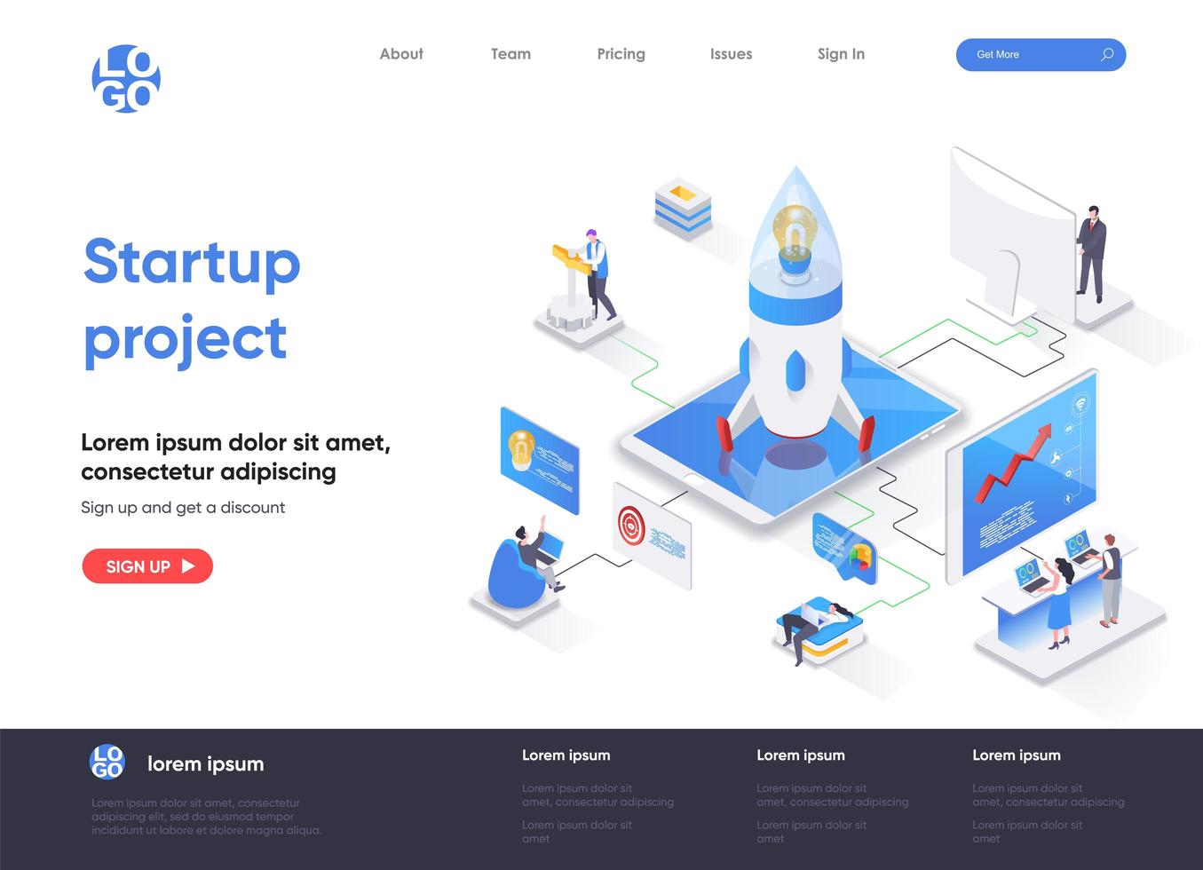 Startup project isometric landing page vector