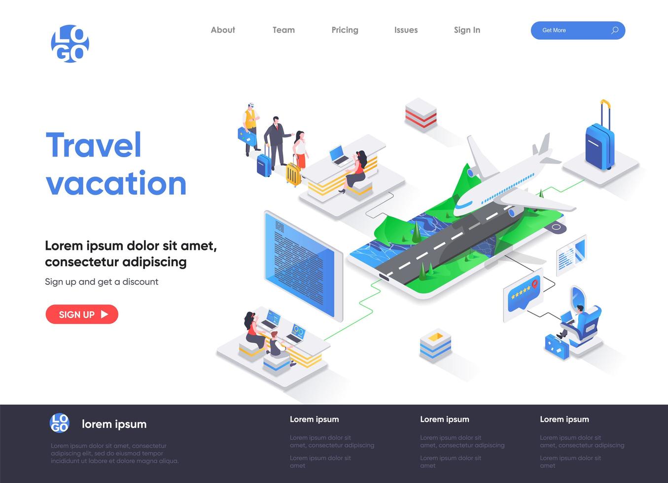 Travel vacation isometric landing page vector