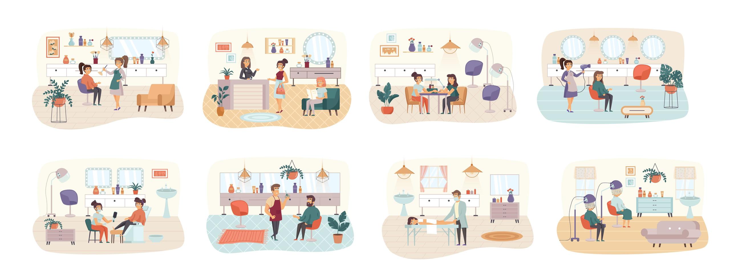 Beauty salon bundle of scenes with flat people characters vector