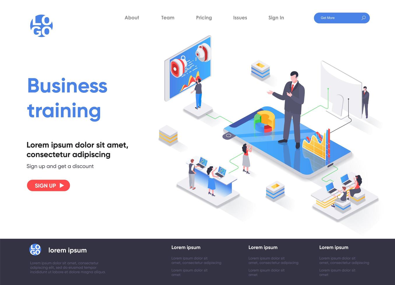 Business training isometric landing page vector