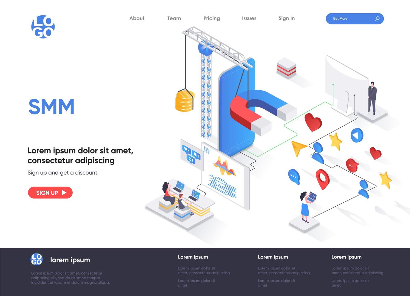 SMM isometric landing page vector