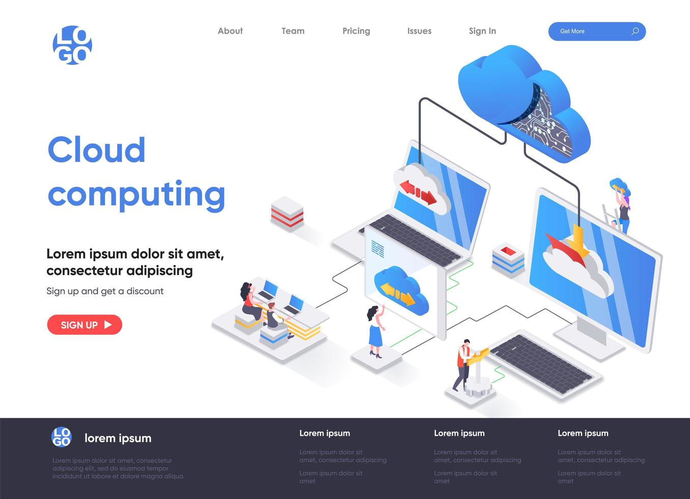 Cloud computing isometric landing page vector