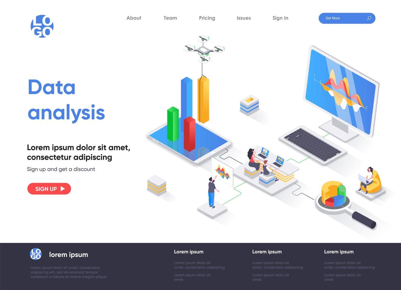 Data analysis isometric landing page vector