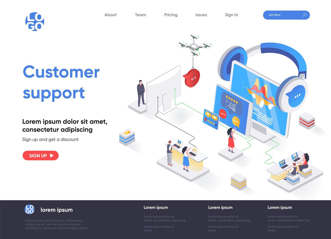 Customer support isometric landing page vector