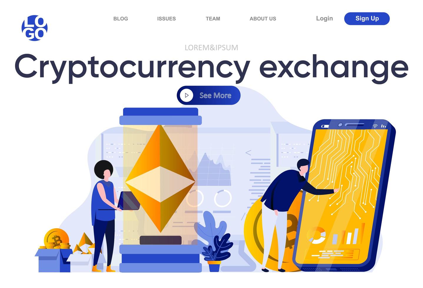 Cryptocurrency exchange flat landing page vector
