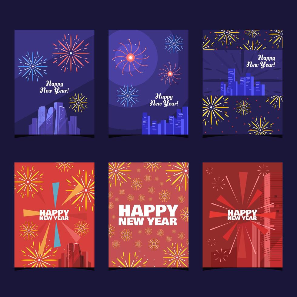 Fireworks on Top Buildings Concept New Year Cards vector