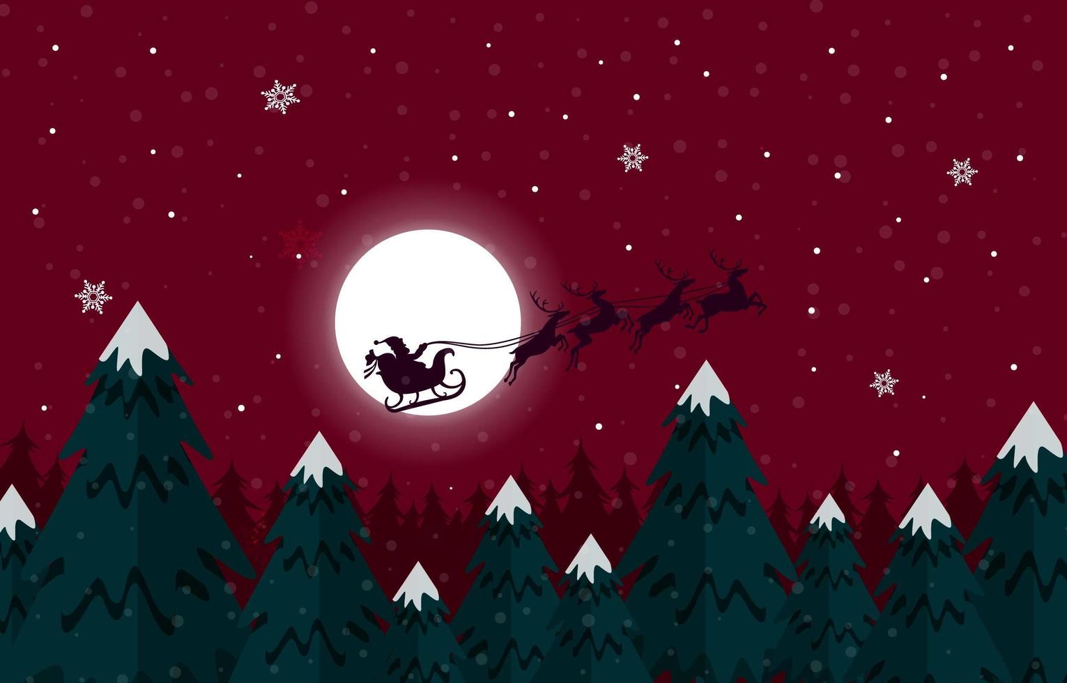 Santa and His Reindeer at Snowy Christmas Night vector