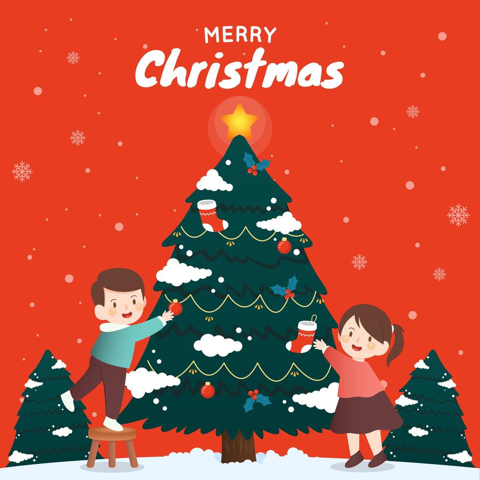 dos niños decorando un árbol de navidad vector