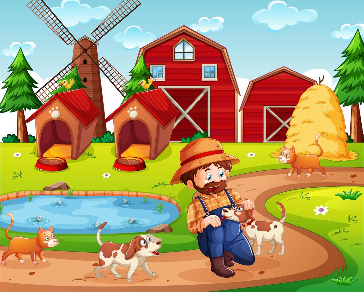 Farm with red barn and windmill scene vector