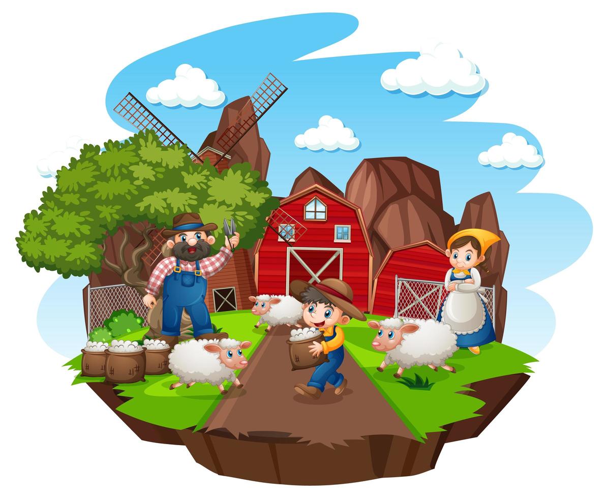 Farm with red barn and windmill on white background vector