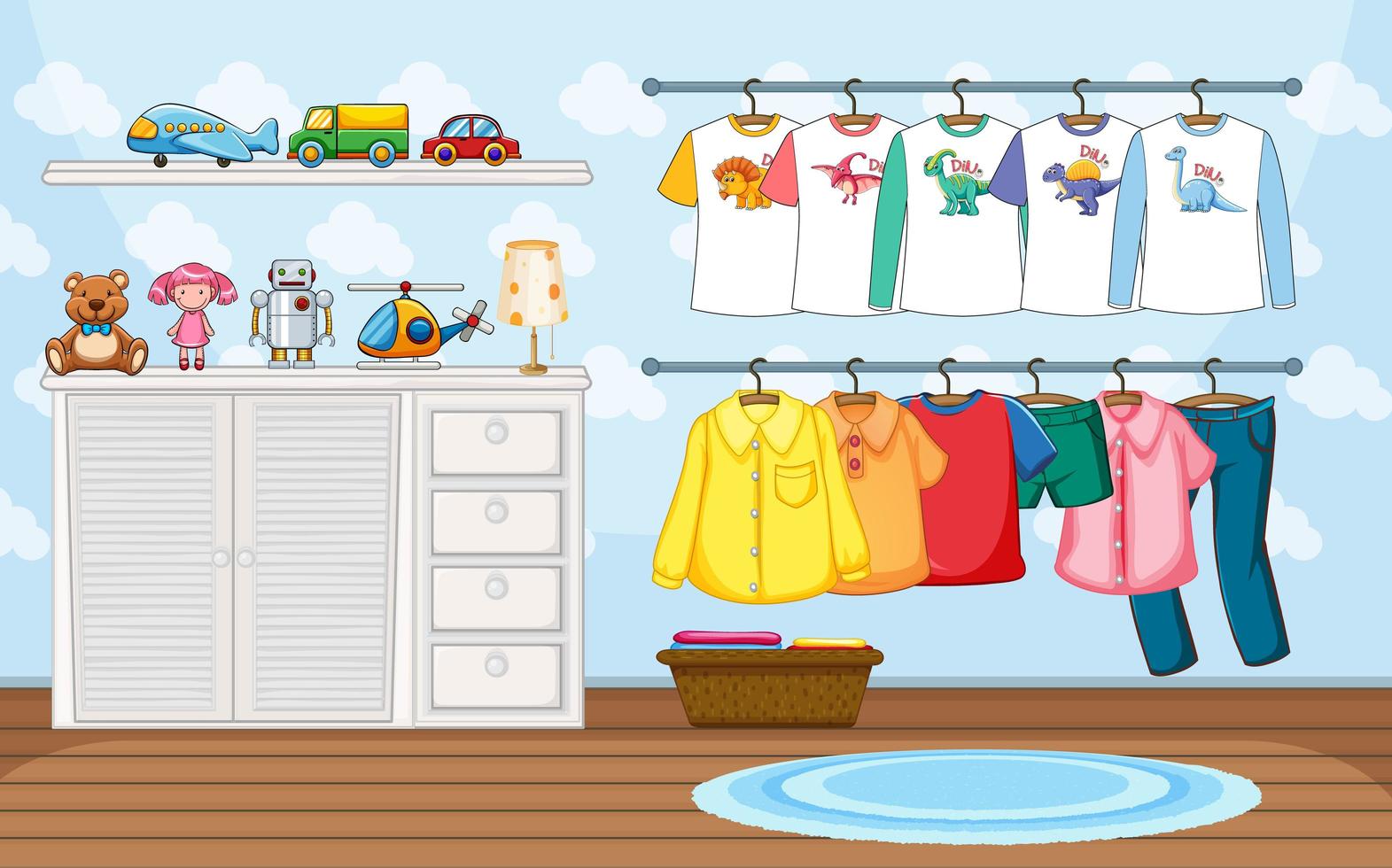 Children clothes on a clothesline with many toys in the room scene vector