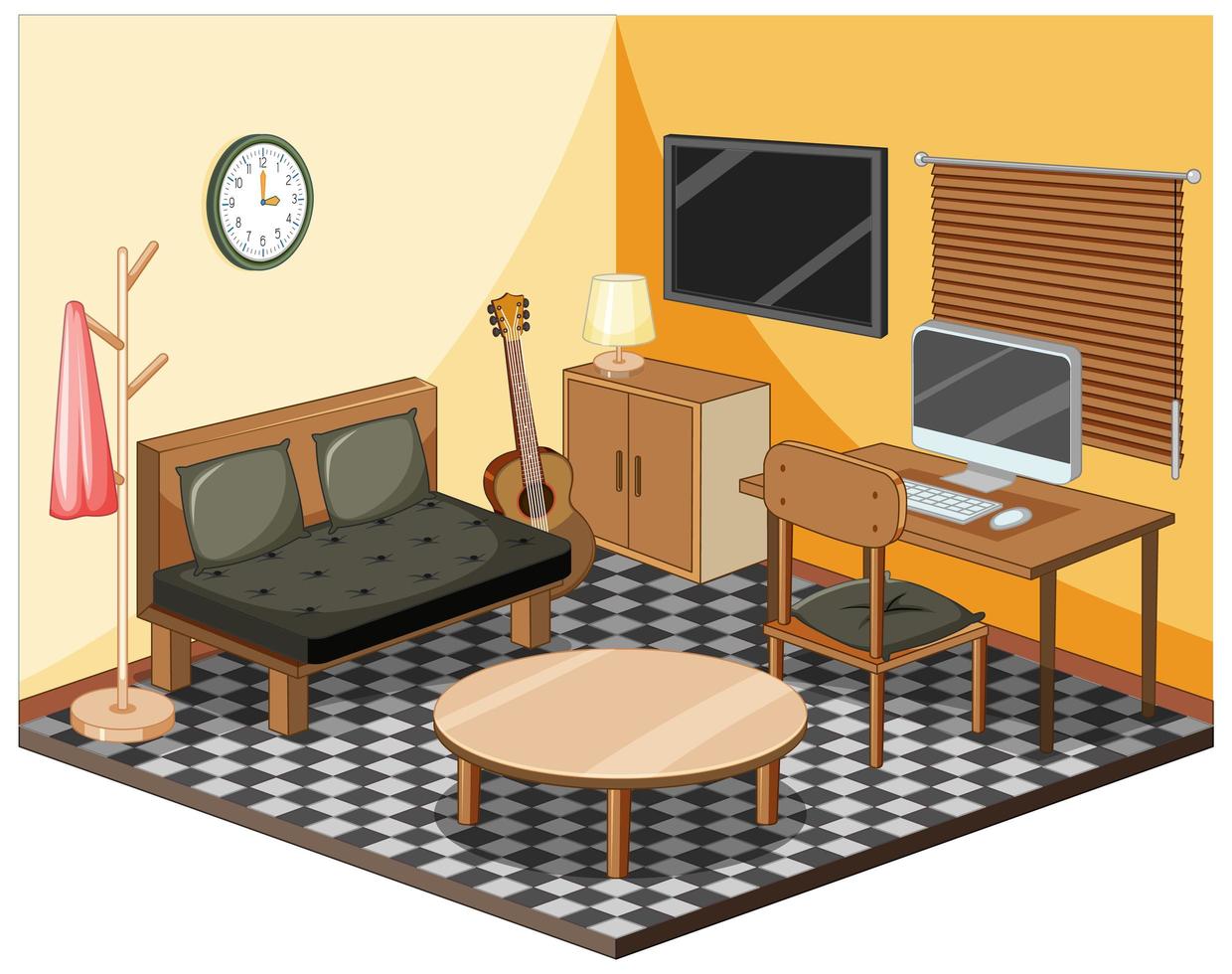 Living room with furnitures isometric vector