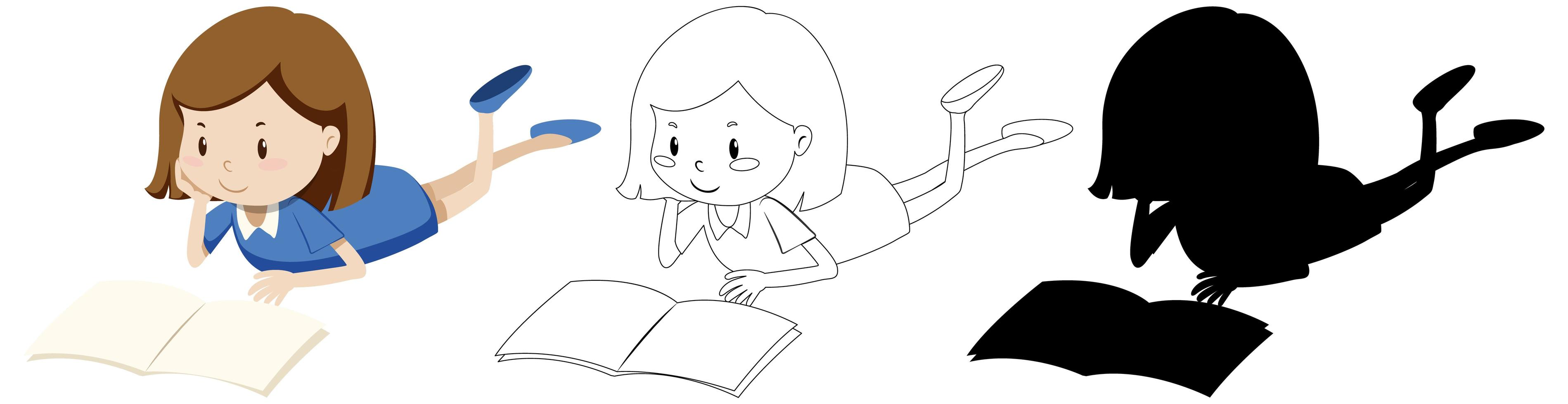 Girl reading the book with its outline and silhouette vector