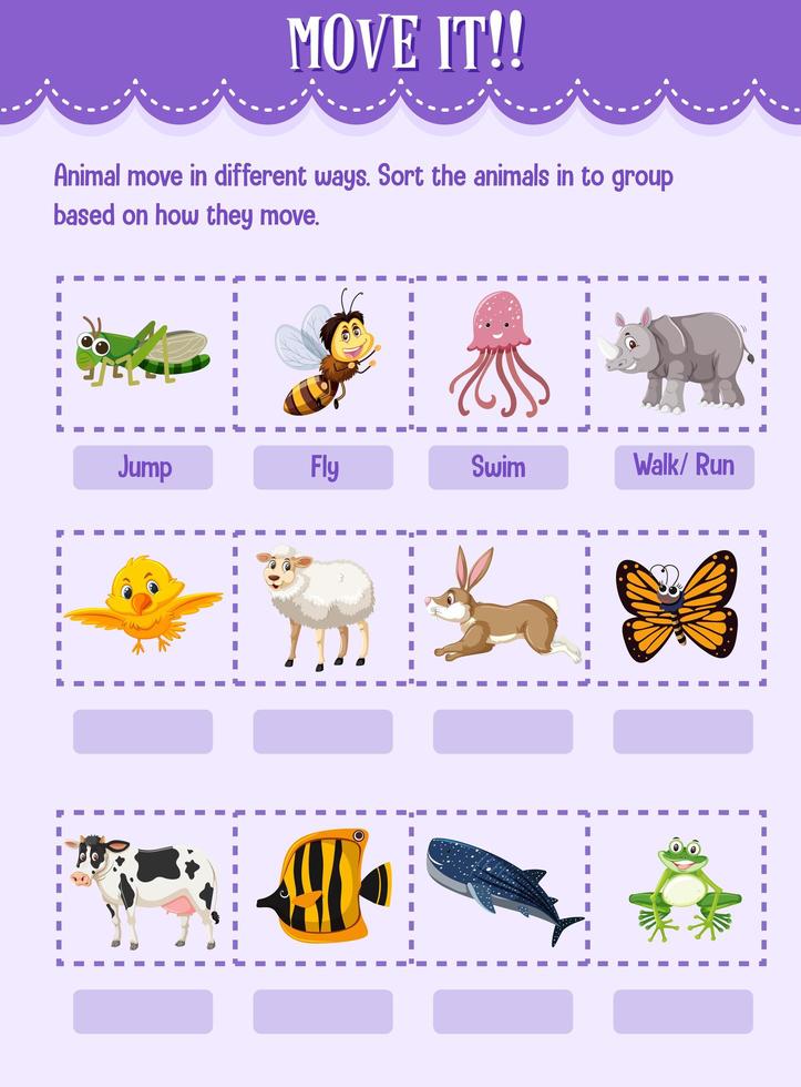 clasifique al animal en el grupo según cómo mueven la hoja de trabajo para el jardín de infantes vector