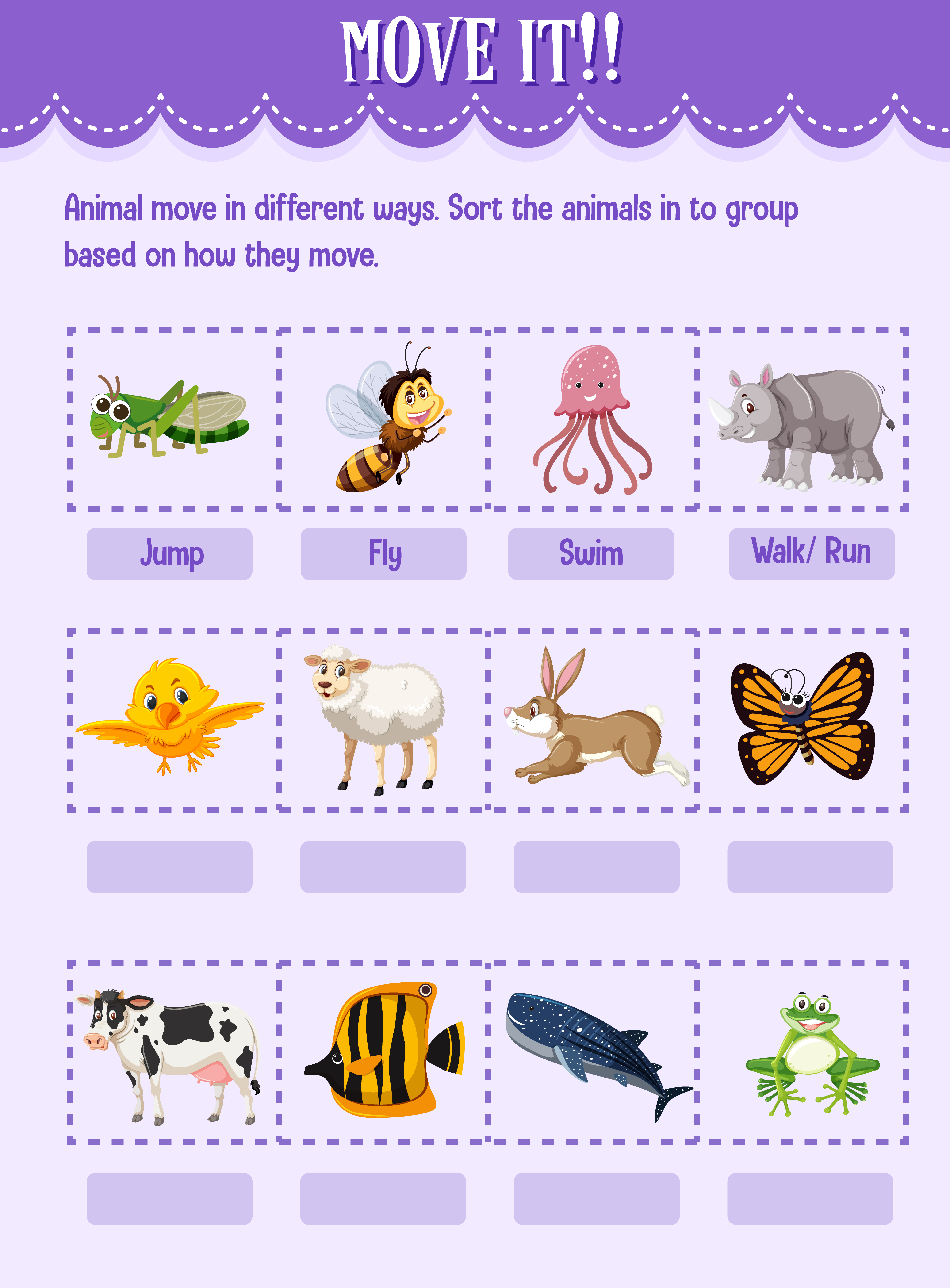 Sort the animal into the group based on how they move worksheet for  kindergarten 1590731 Vector Art at Vecteezy