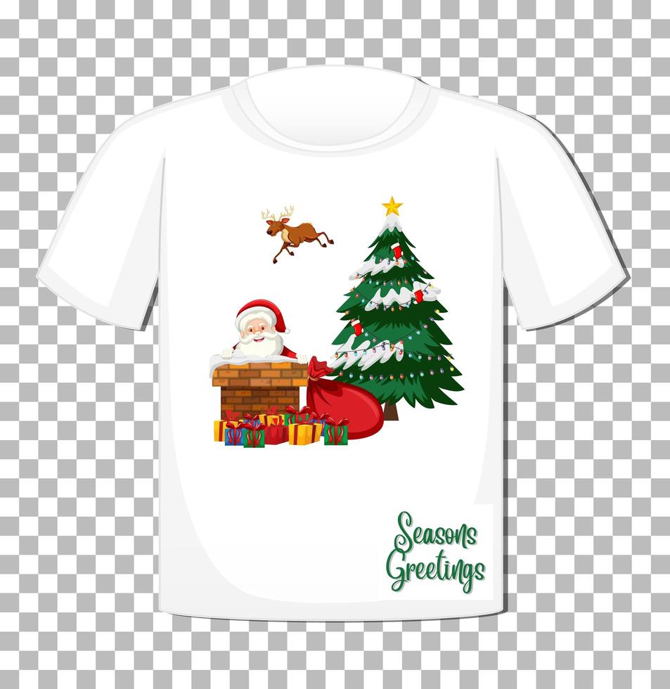 Papá Noel con muchos regalos en tema navideño en camiseta sobre fondo transparente vector