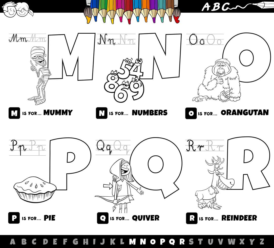 Alphabet letters from M to R coloring book vector