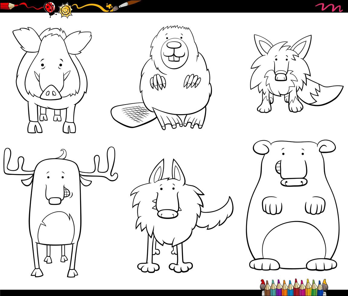 Cartoon animal characters set coloring book page vector