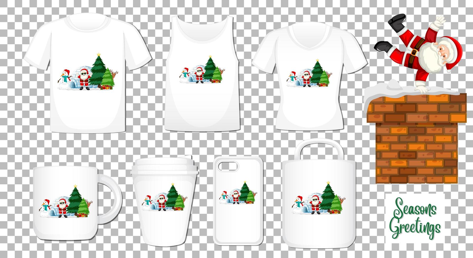 Santa claus bailando personaje de dibujos animados con un conjunto de diferentes productos de ropa y accesorios sobre fondo transparente vector