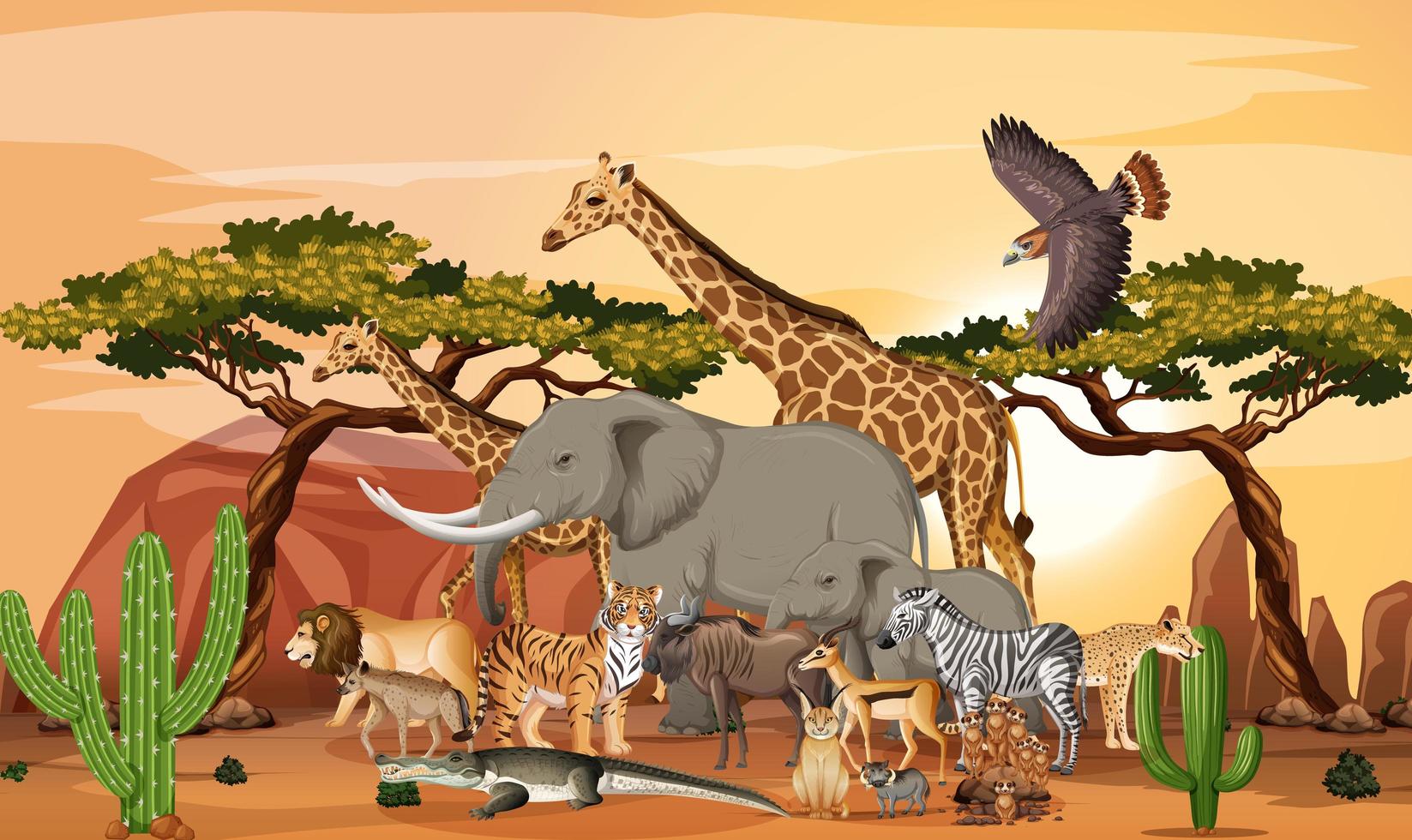 Grupo de animales salvajes africanos en la escena del bosque vector