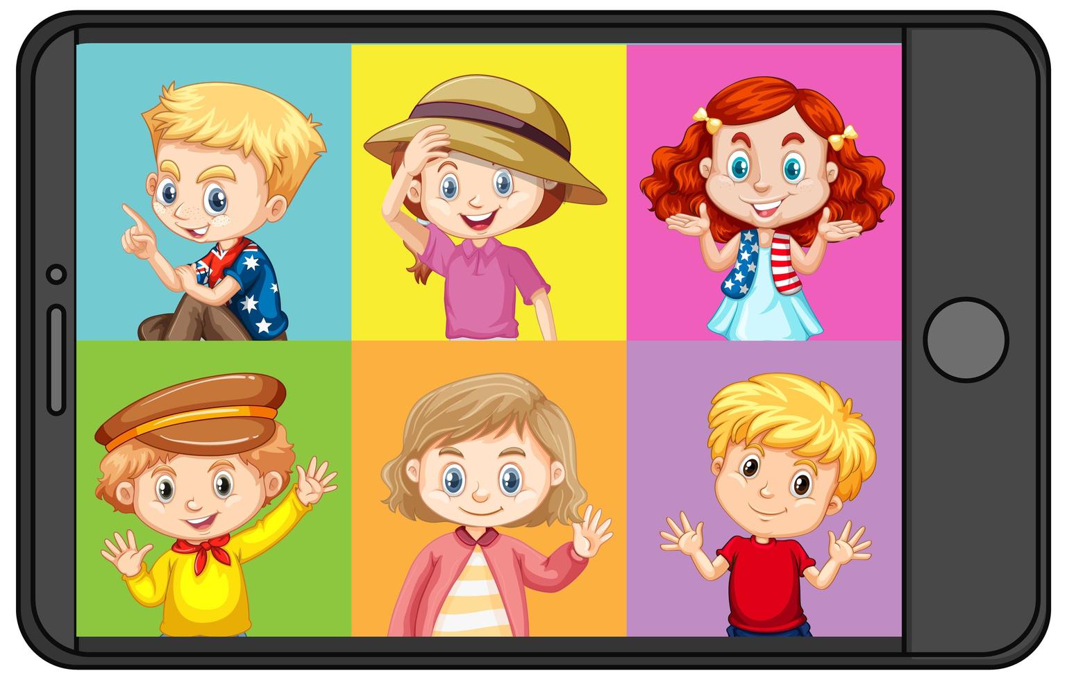 Different children cartoon character on smartphone screen vector