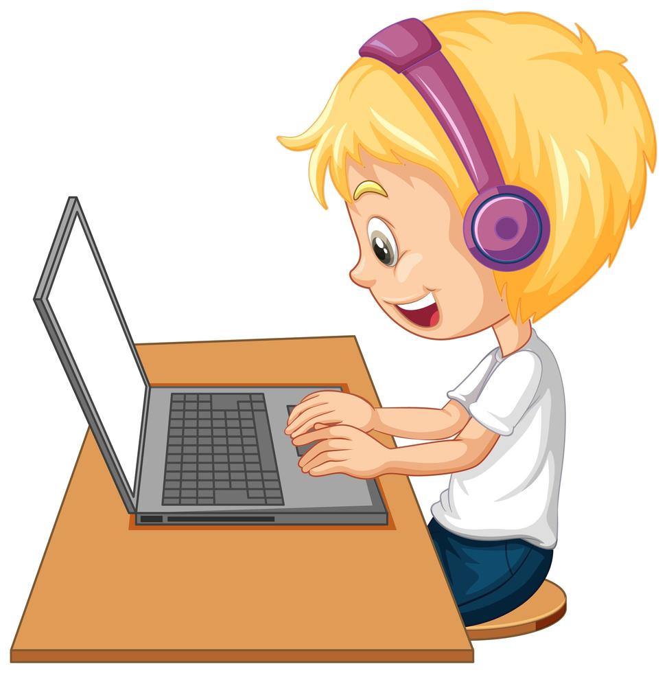 Side view of a boy with laptop on the table on white background vector