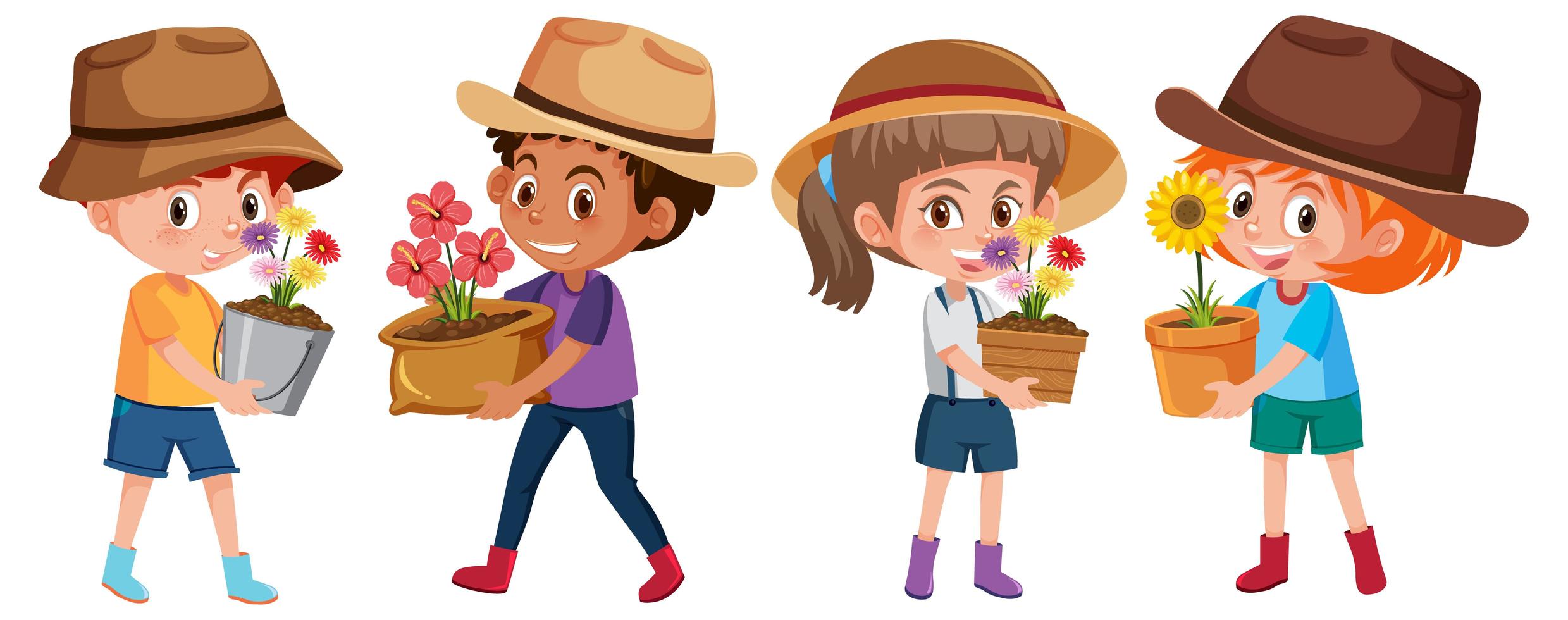 Boy and girl holding flower in pot cartoon character isolated on white background vector