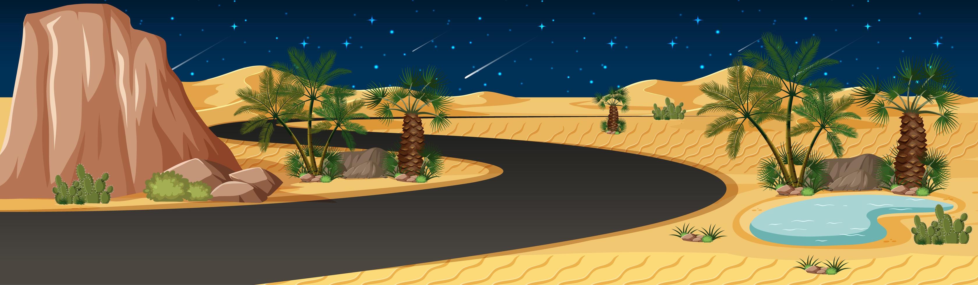 oasis en el desierto con paisaje de camino largo en la escena nocturna vector