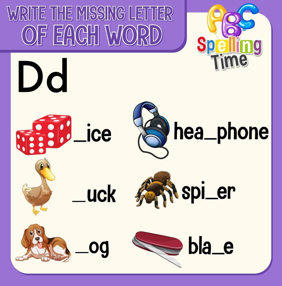 Fill the missing letter of each word worksheet for children vector