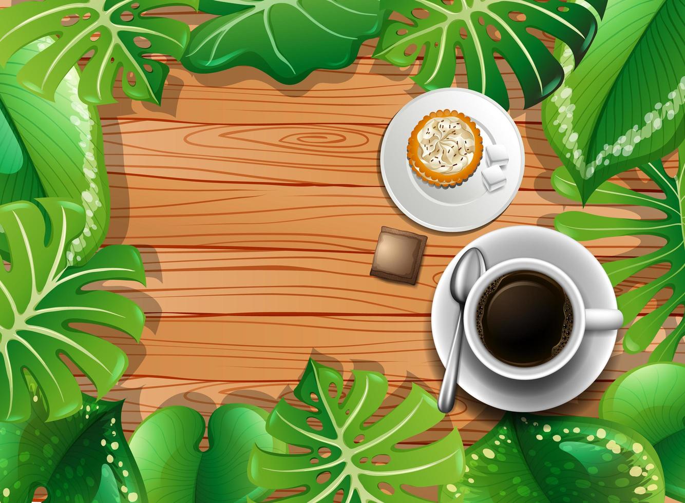 Top view of wooden table with dessert and coffee and leaves element vector