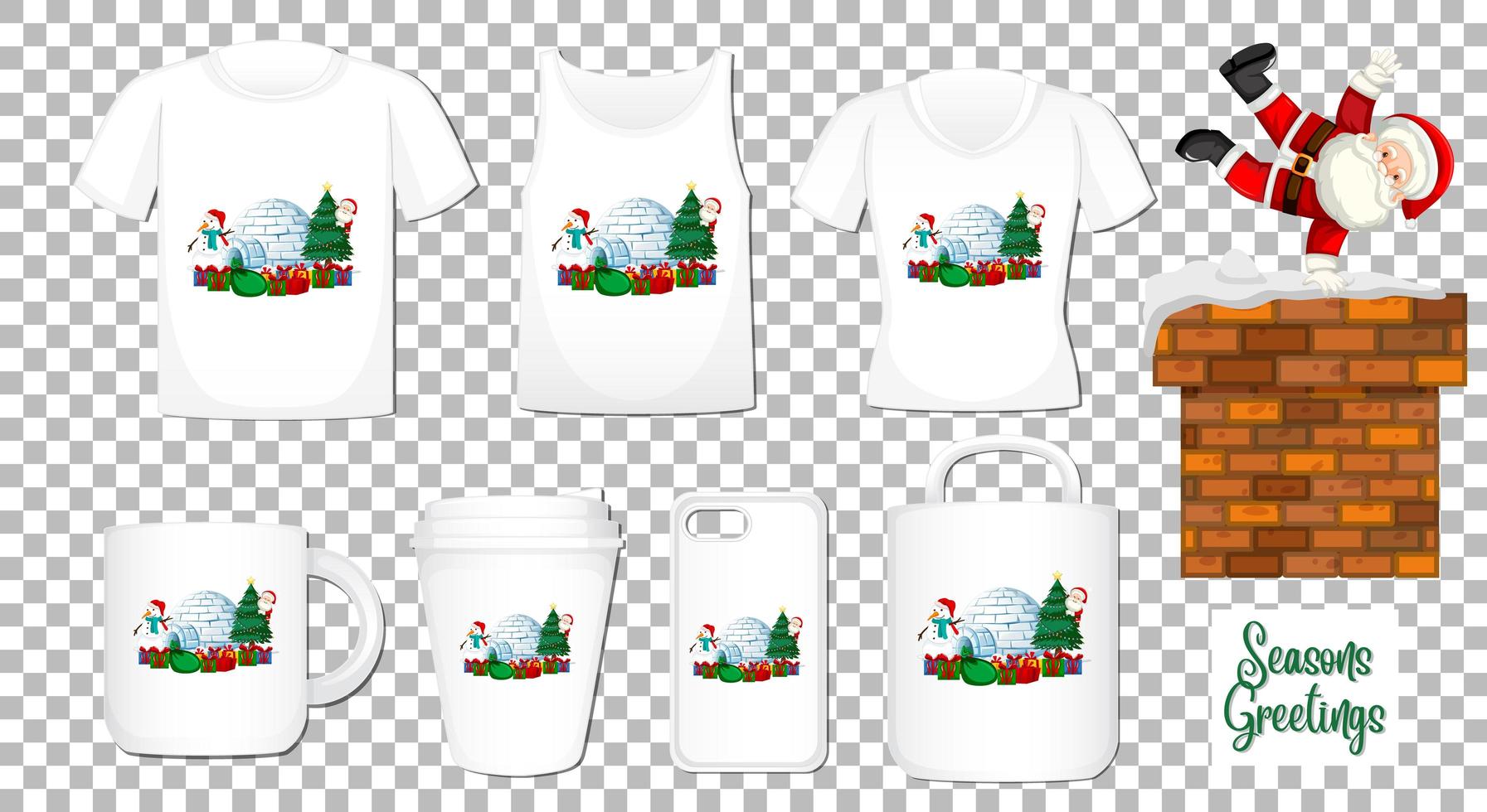 Santa Claus dancing cartoon character with set of different clothes and accessories products on transparent background vector