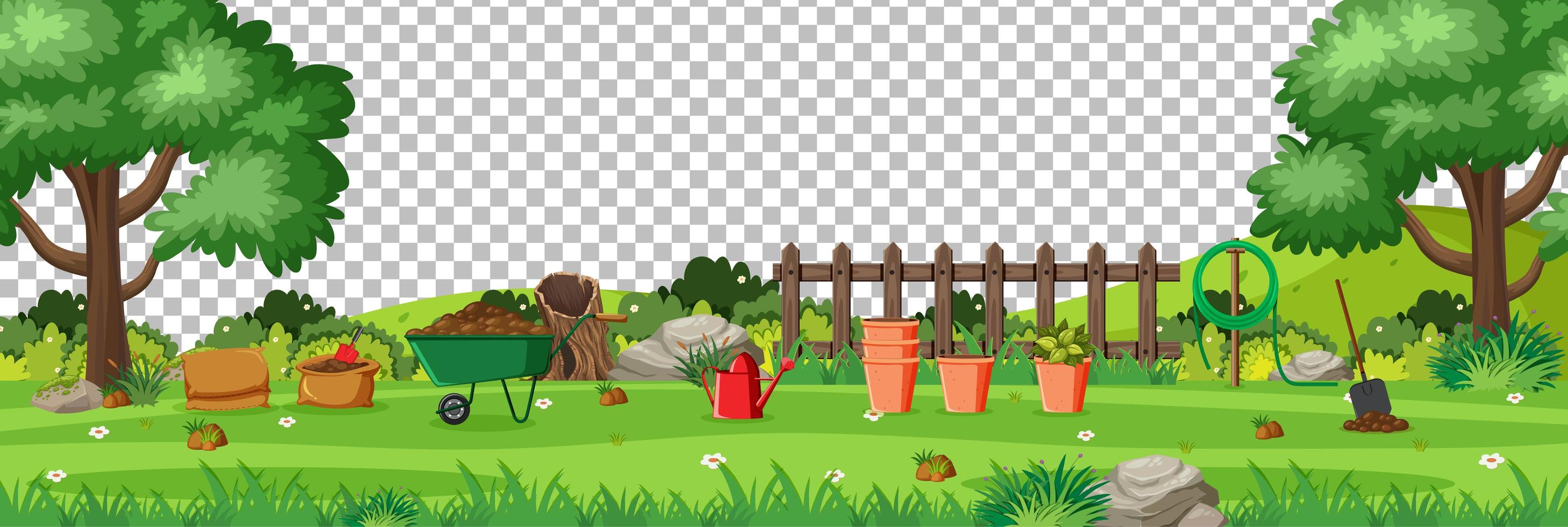 Blank nature garden with garden tools scene landscape on transparent background vector