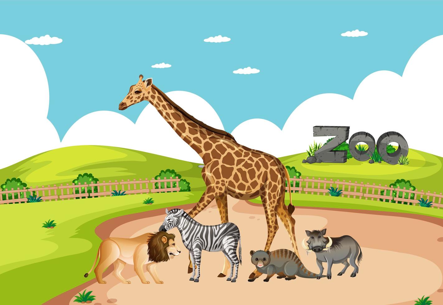 Grupo de animales salvajes africanos en la escena del zoológico vector