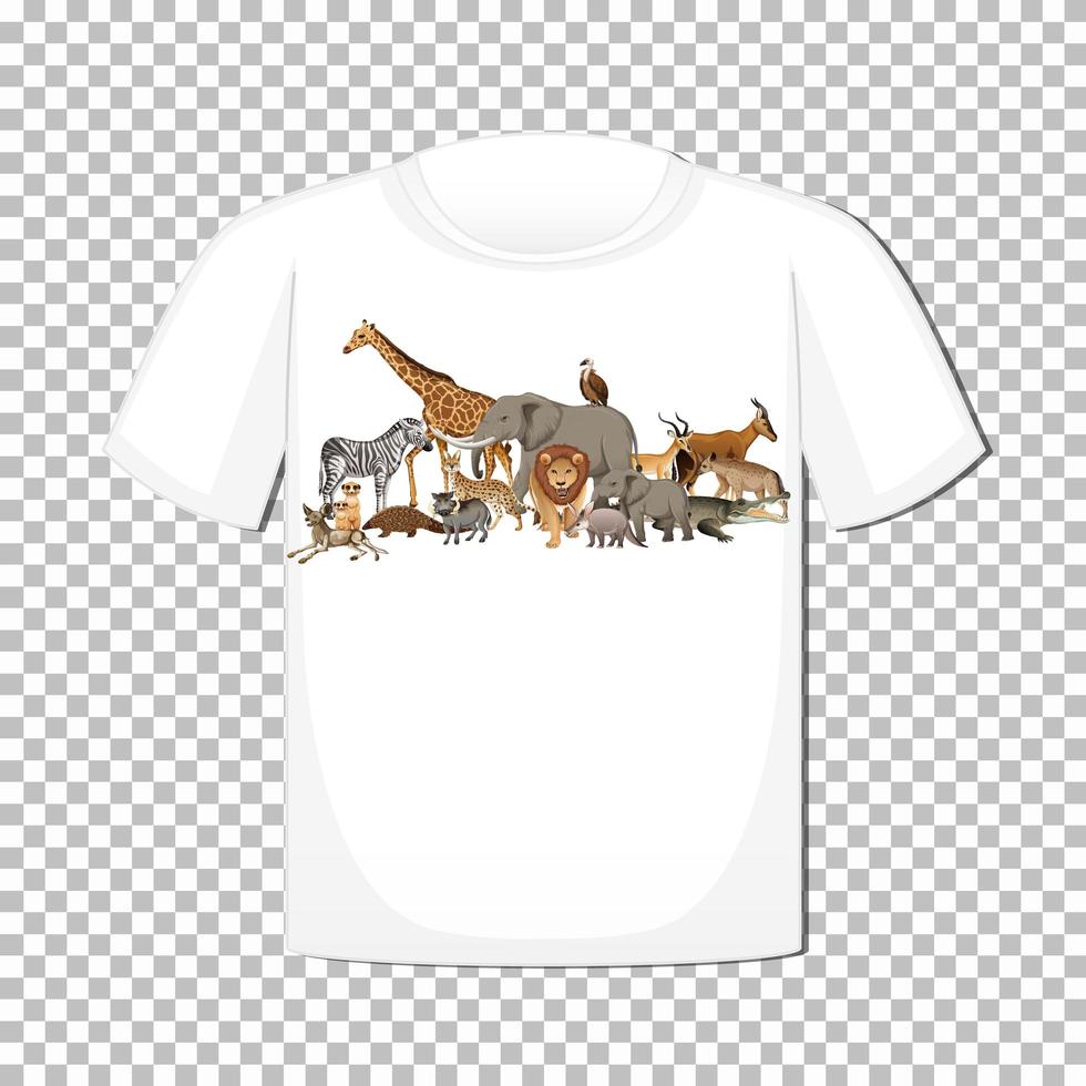 Diseño de grupo de animales salvajes en camiseta aislado sobre fondo transparente vector