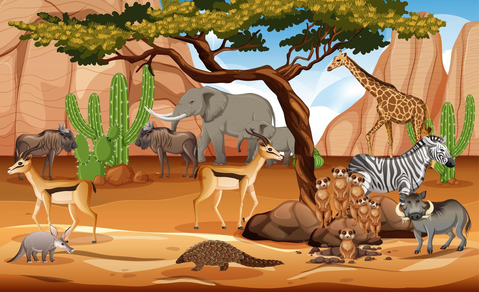 Grupo de animales salvajes africanos en la escena del bosque vector