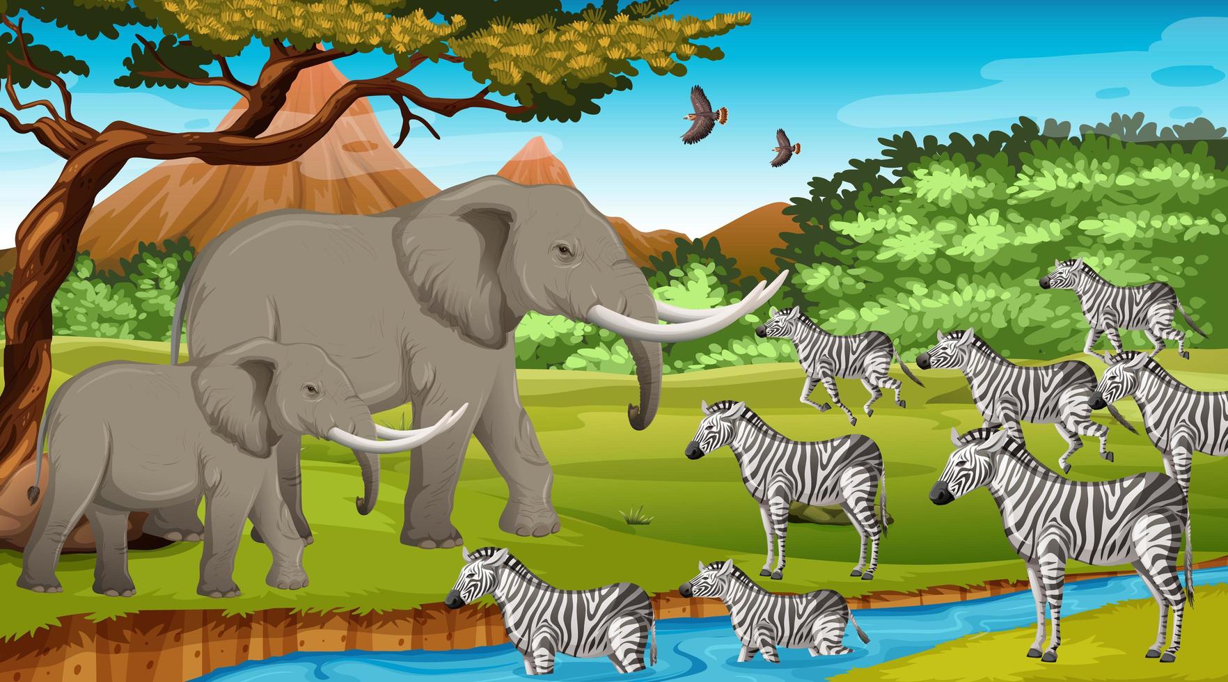 Grupo de animales salvajes africanos en la escena del bosque vector