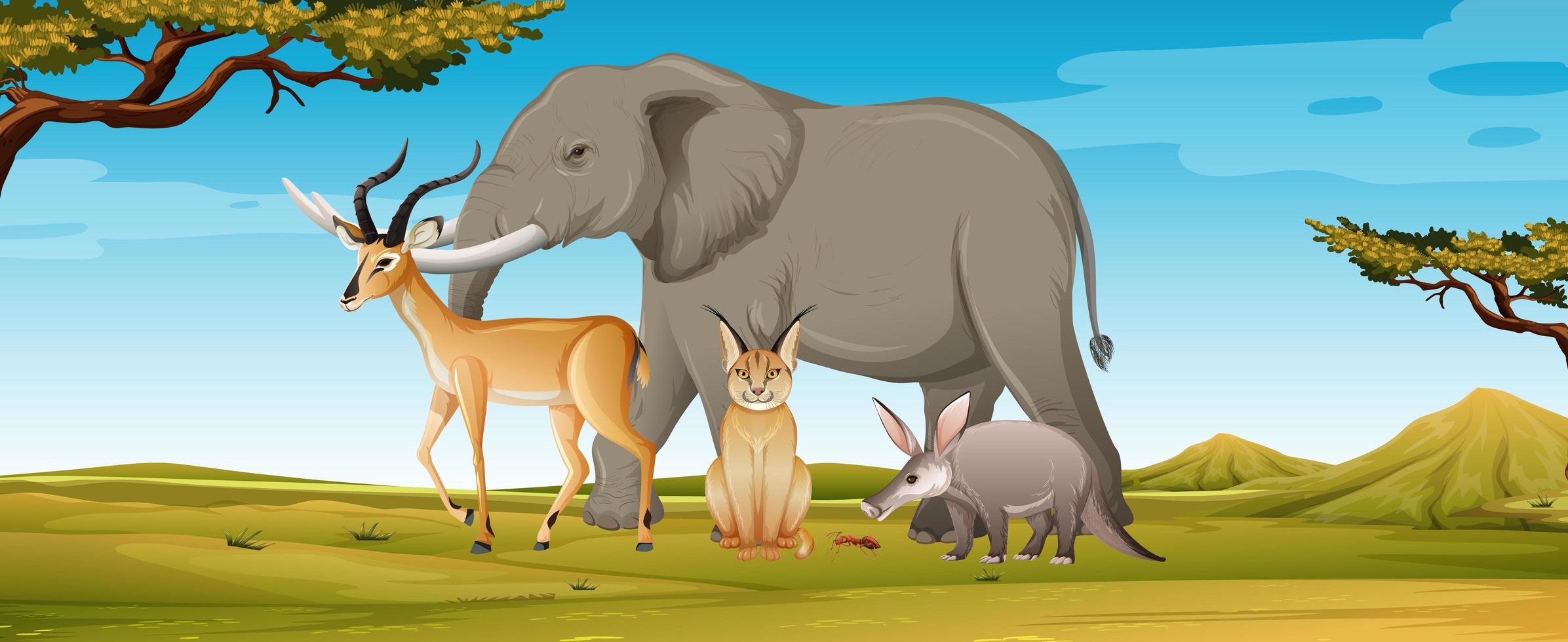 Grupo de animales salvajes africanos en la escena del bosque vector