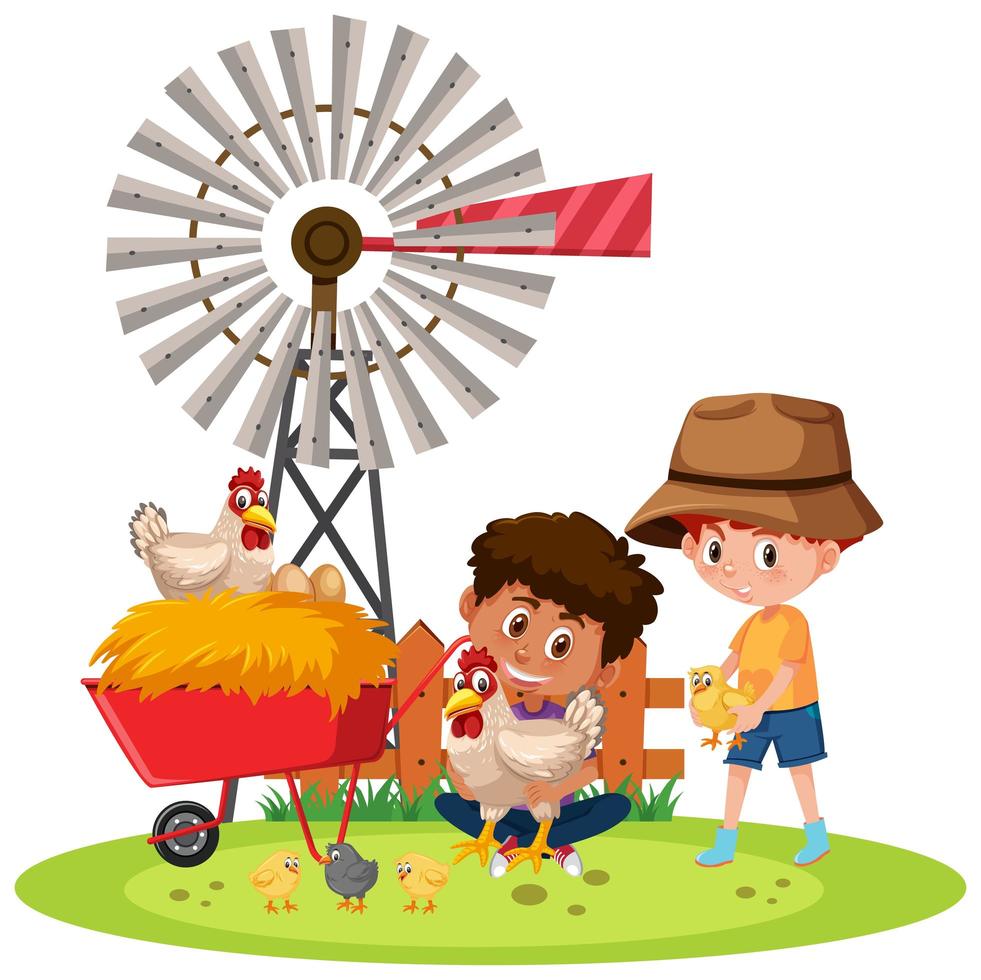 Children holding chicken with farm elements vector