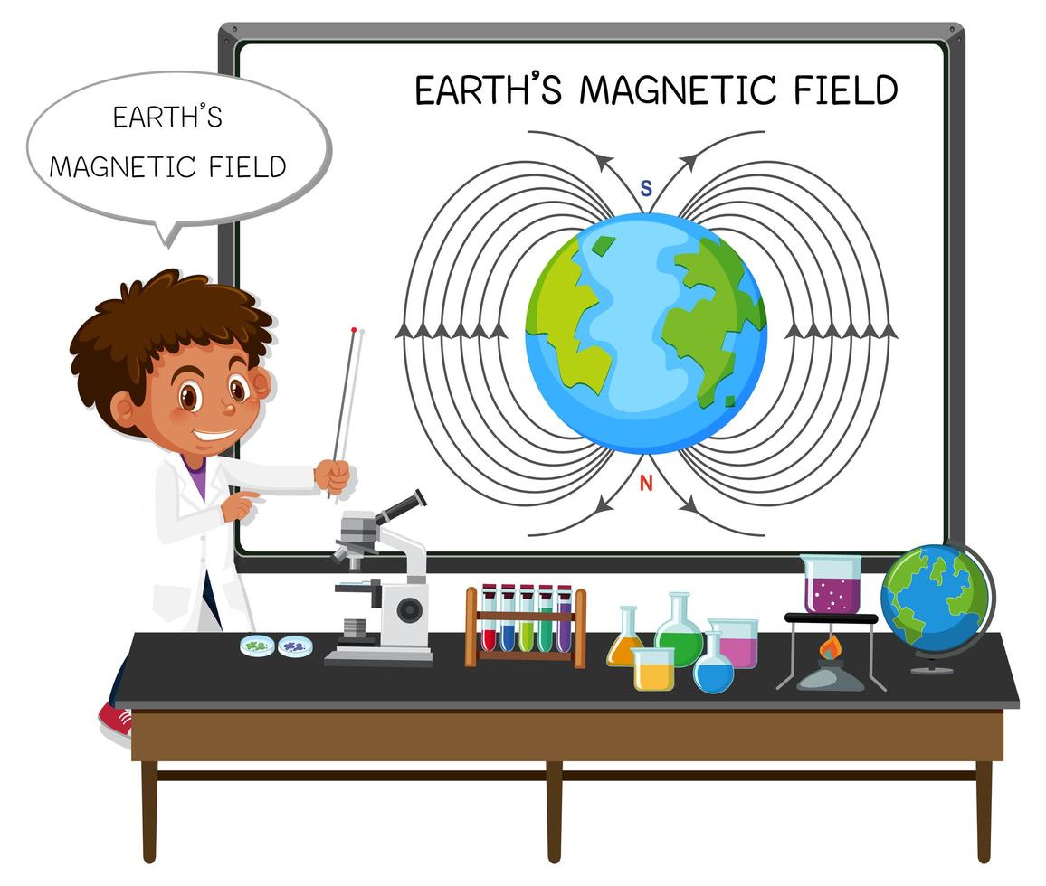 joven científico explicando el campo magnético de la tierra vector