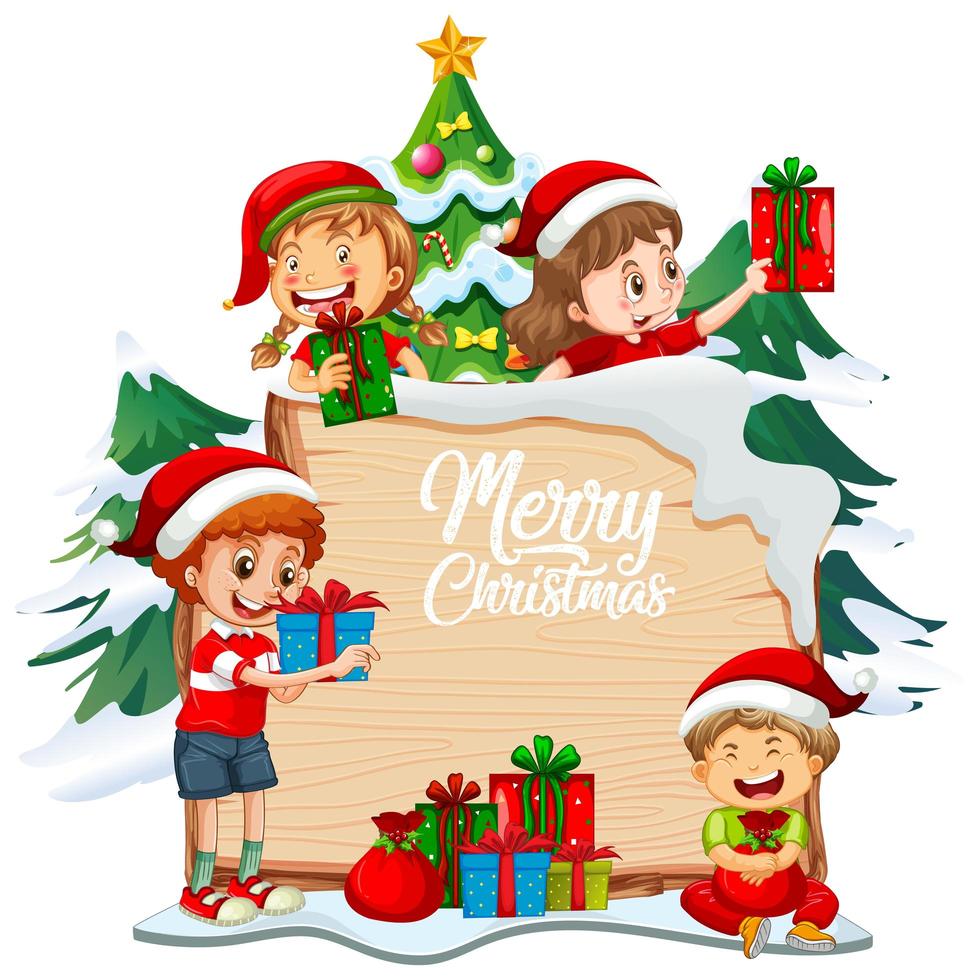 Merry Christmas font on wooden board with children and Christmas objects on white background vector