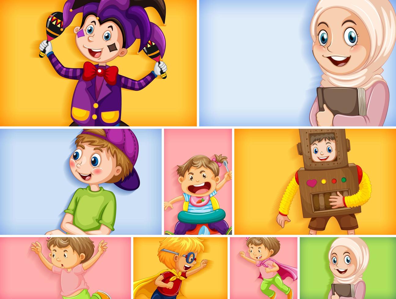 Conjunto de diferentes personajes infantiles sobre fondo de color diferente vector