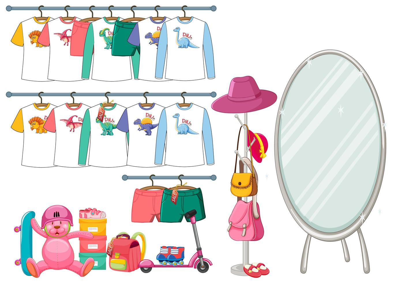 Children clothes hanging on clothes rack with accessories on white background vector