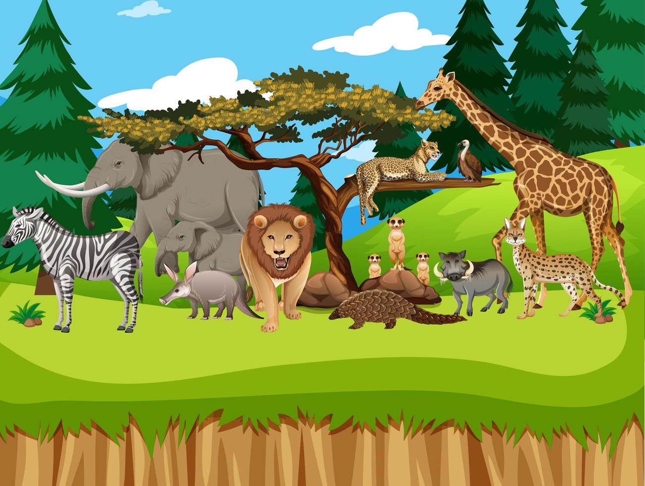 Grupo de animales salvajes africanos en la escena del zoológico vector