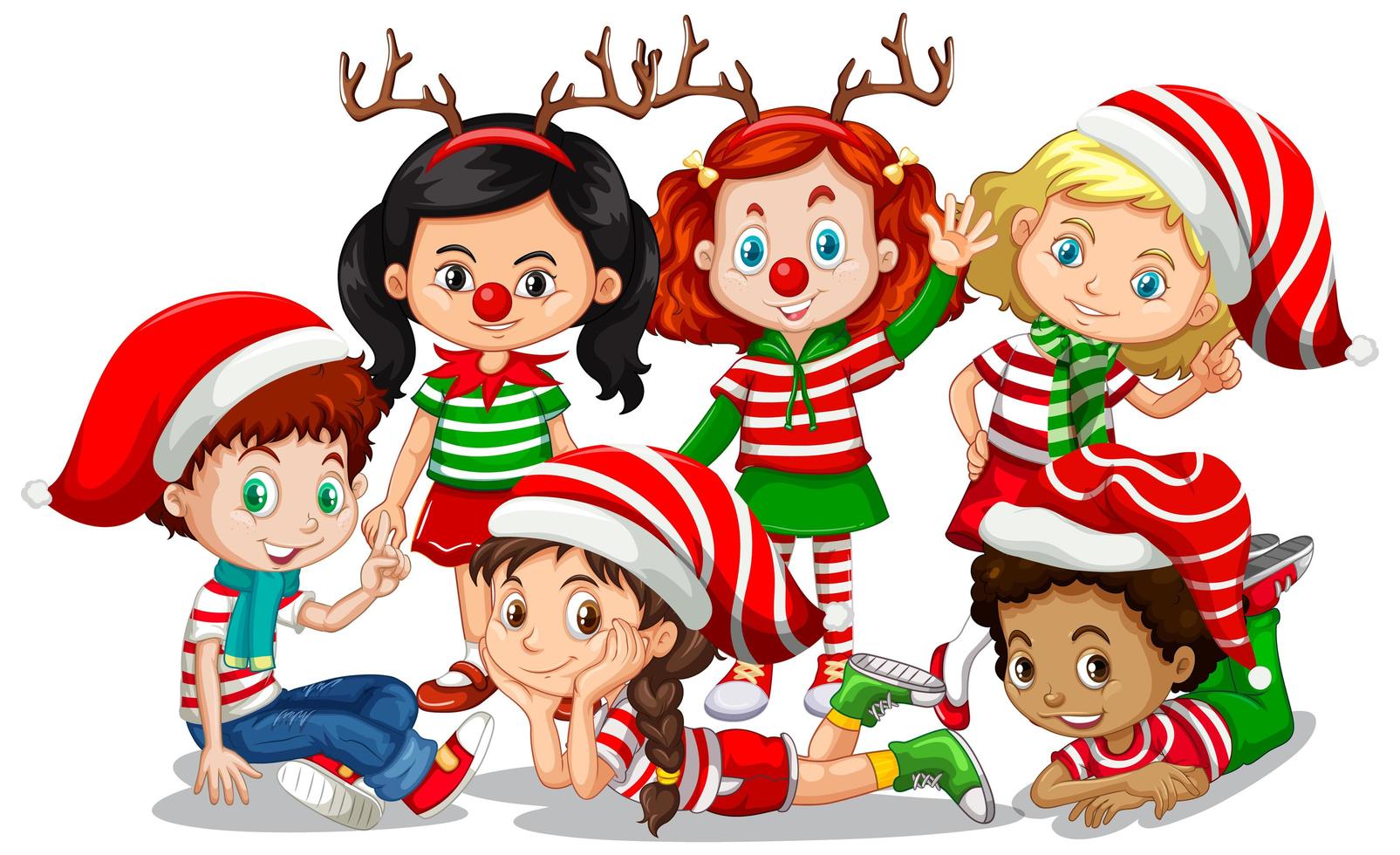 Los niños usan el personaje de dibujos animados de disfraces de Navidad sobre fondo blanco. vector