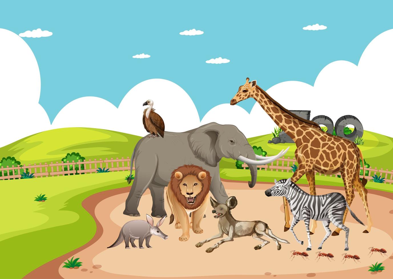 Grupo de animales salvajes africanos en la escena del zoológico vector