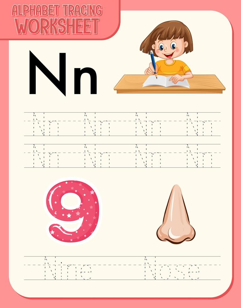 Alphabet tracing worksheet with letter and vocabulary vector