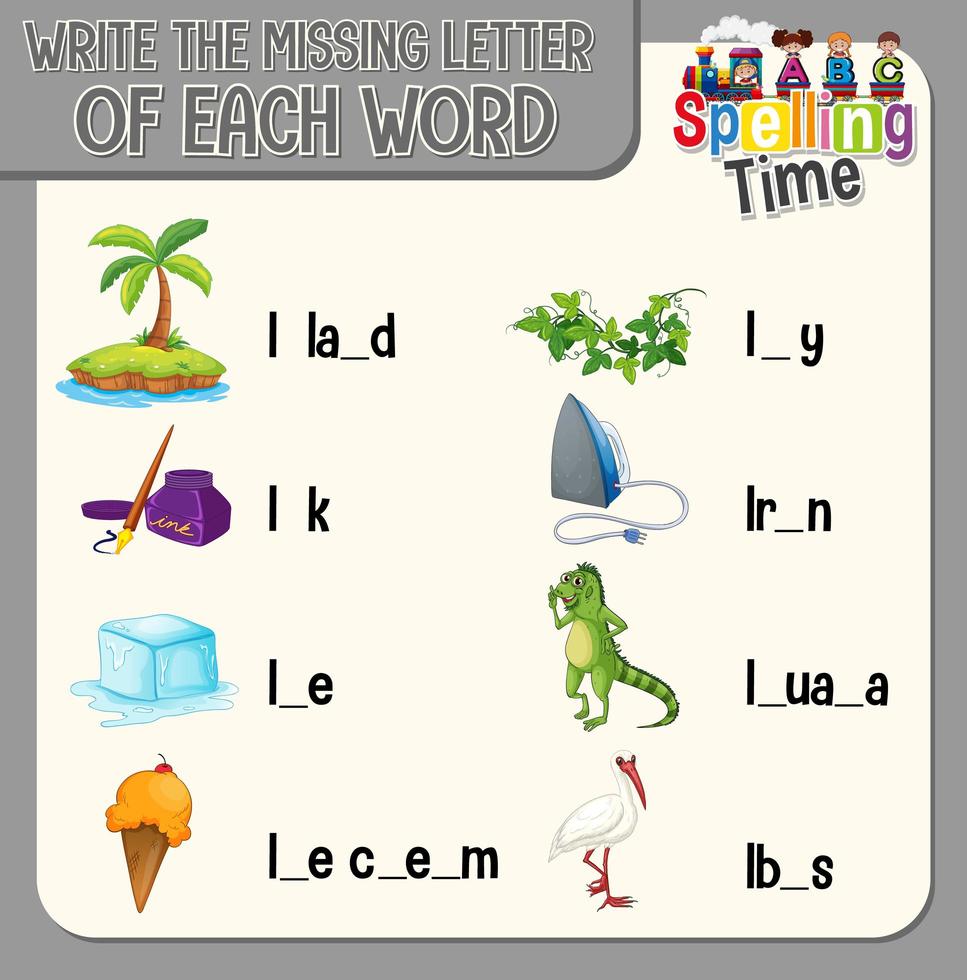 Write the missing letter of each word worksheet for children vector