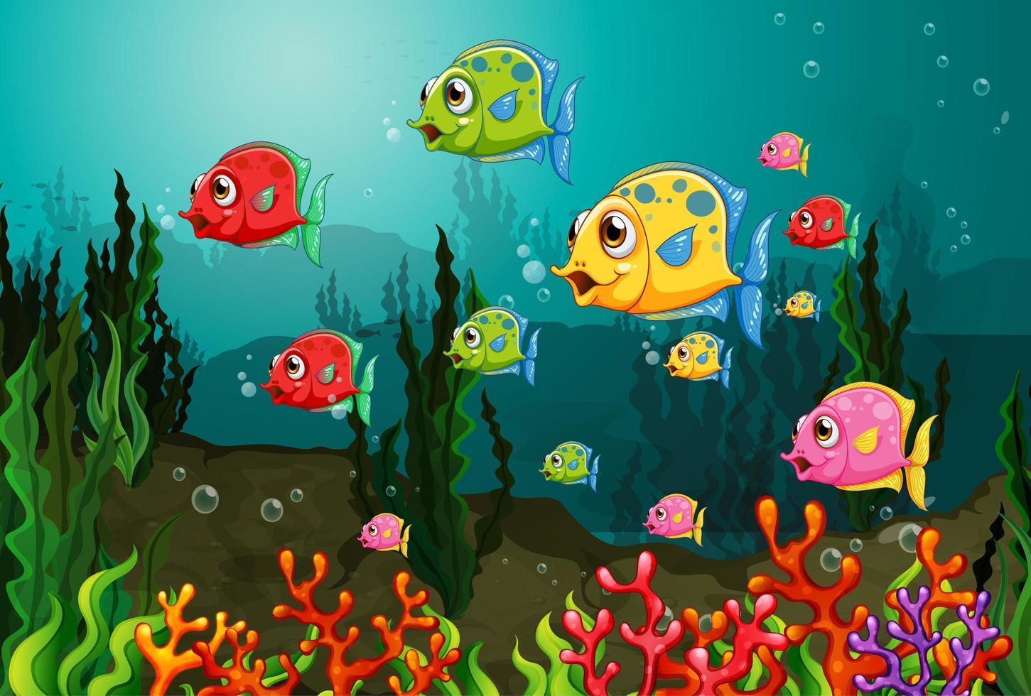 Many exotic fishes cartoon character in the underwater scene with corals vector