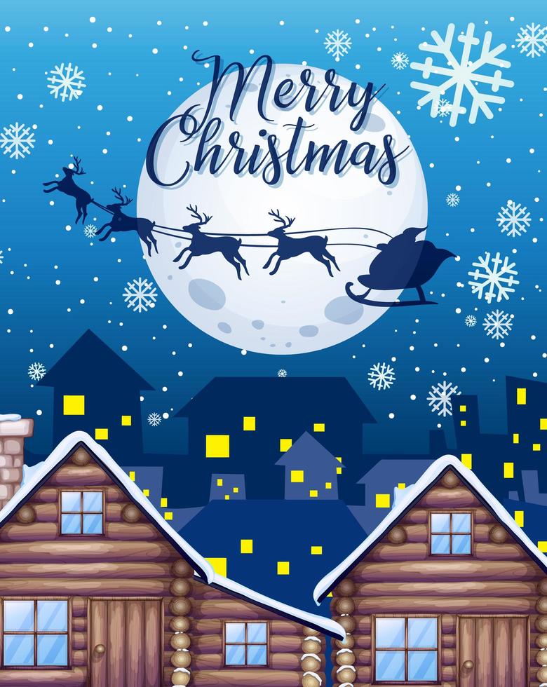 Merry Christmas font with Santa Claus and reindeer silhouette in the sky vector